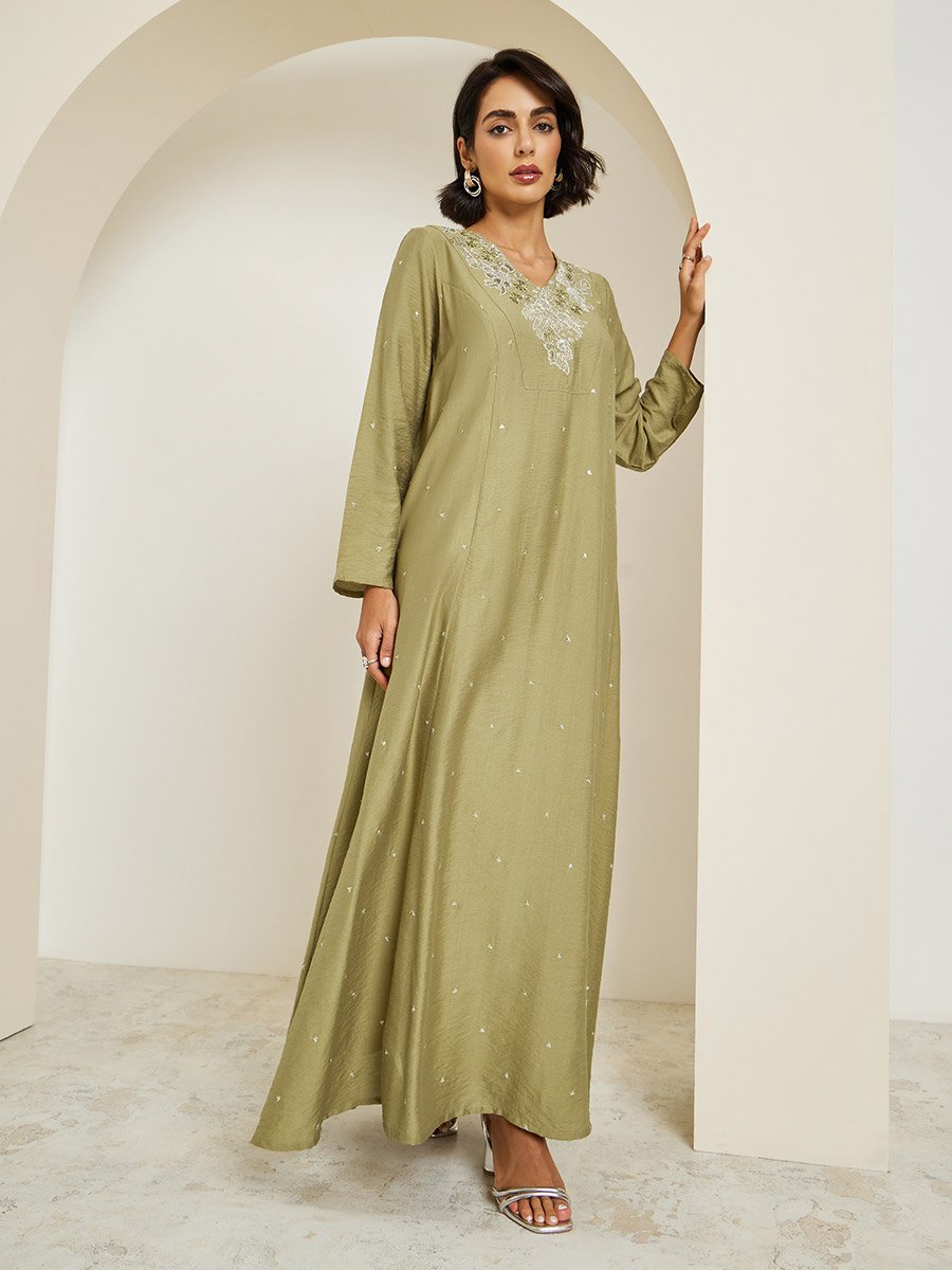 Women Green Embroidered A-Line Kaftan