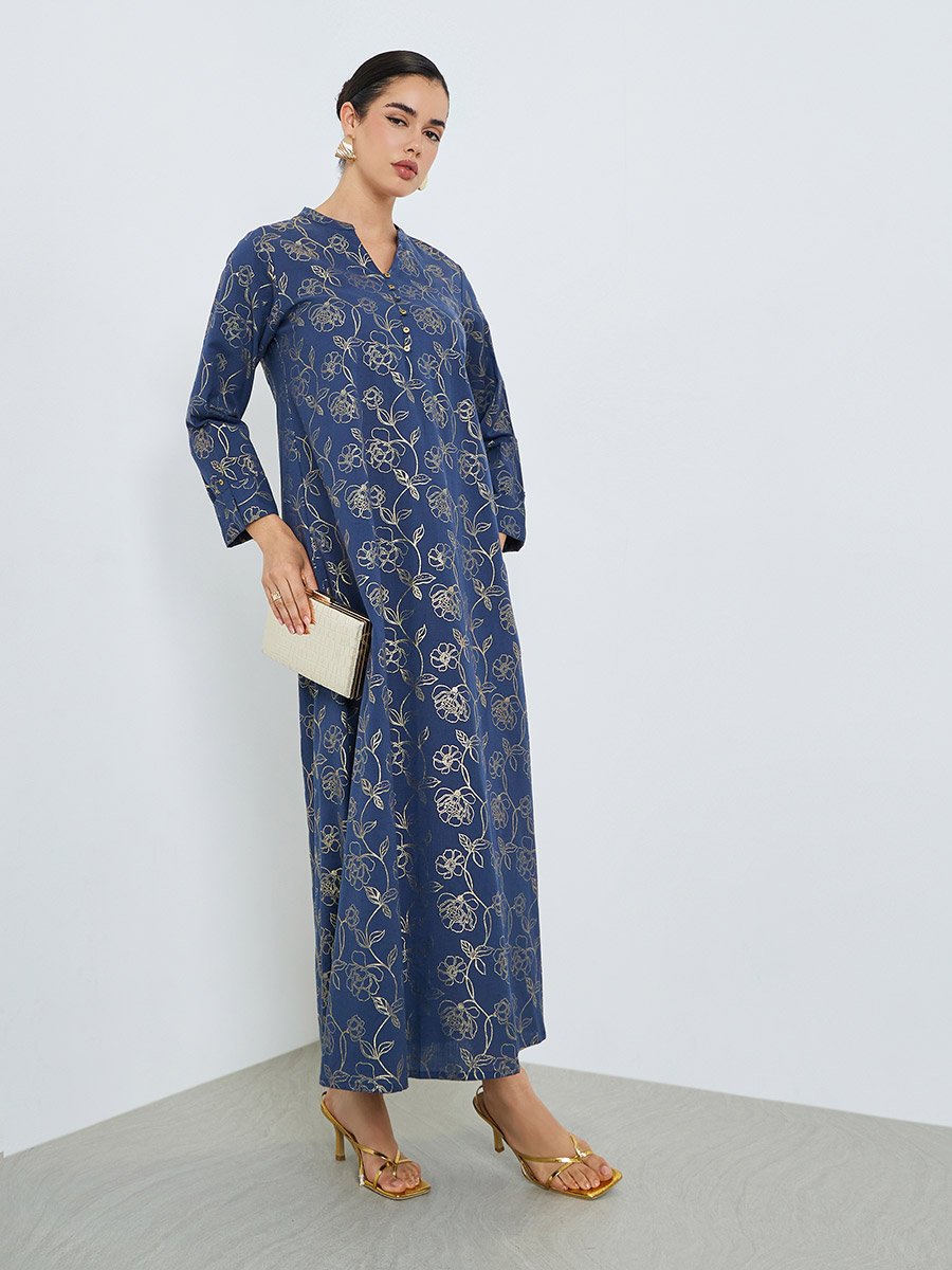 Women Navy Blue Floral Print A-Line Jalabiya