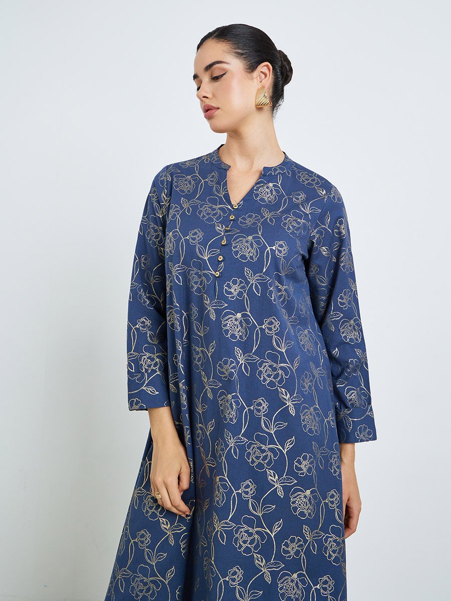 Women Navy Blue Floral Print A-Line Jalabiya
