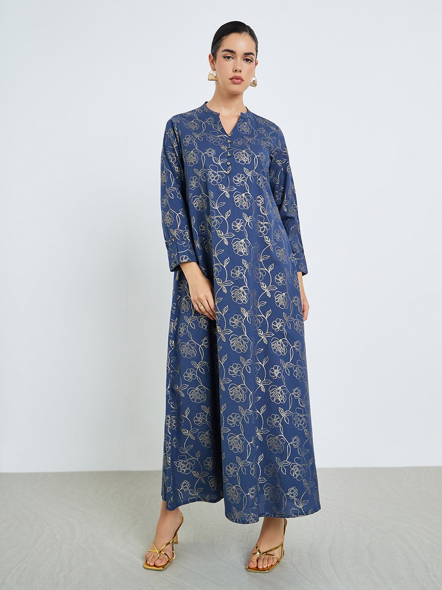 Women Navy Blue Floral Print A-Line Jalabiya