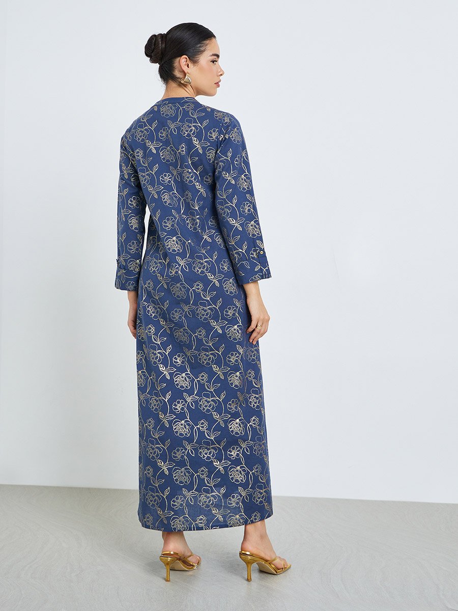 Women Navy Blue Floral Print A-Line Jalabiya