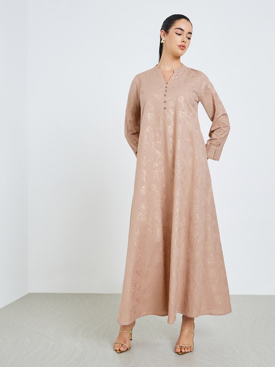 Women Pink Floral Jacquard A-Line Jalabiya