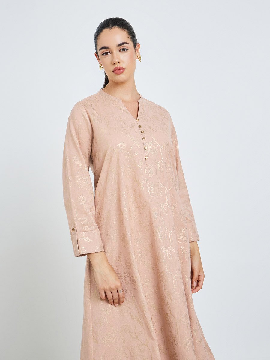 Women Pink Floral Jacquard A-Line Jalabiya