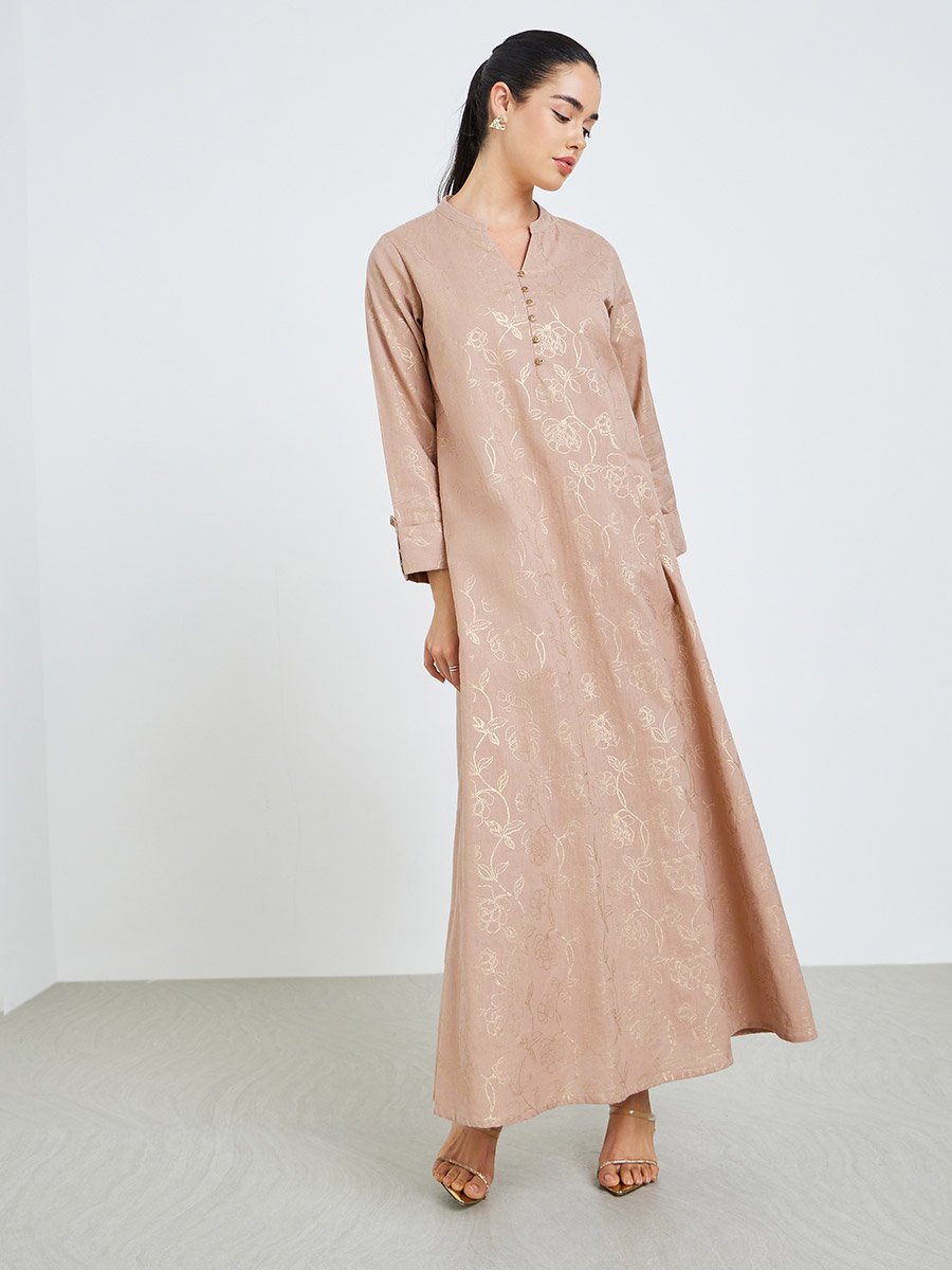 Women Pink Floral Jacquard A-Line Jalabiya