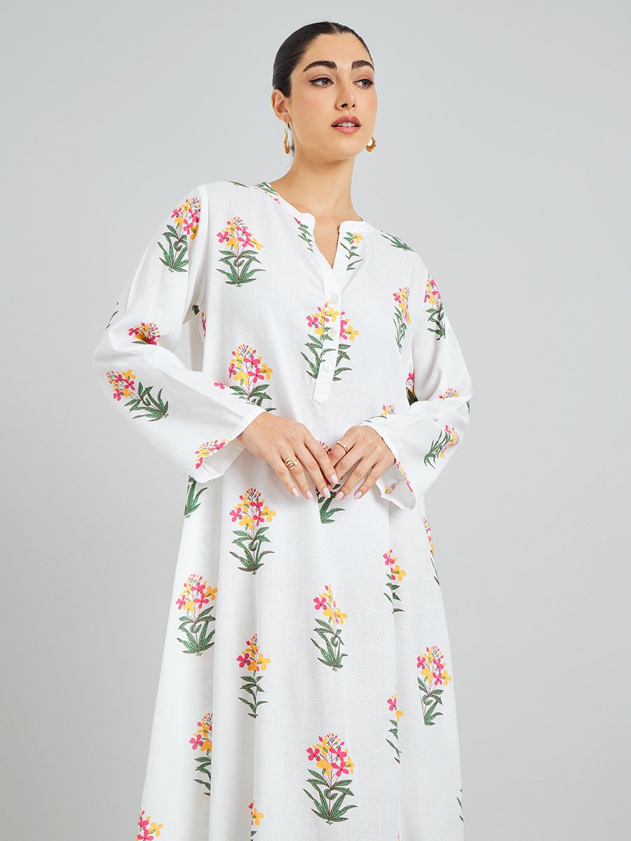 White Floral Print A-Line Jalabiya