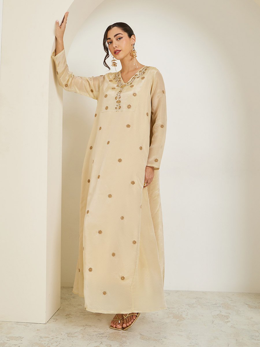 Women Cream Embroidered A-Line Jalabiya