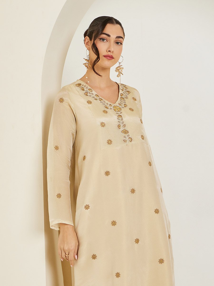 Women Cream Embroidered A-Line Jalabiya
