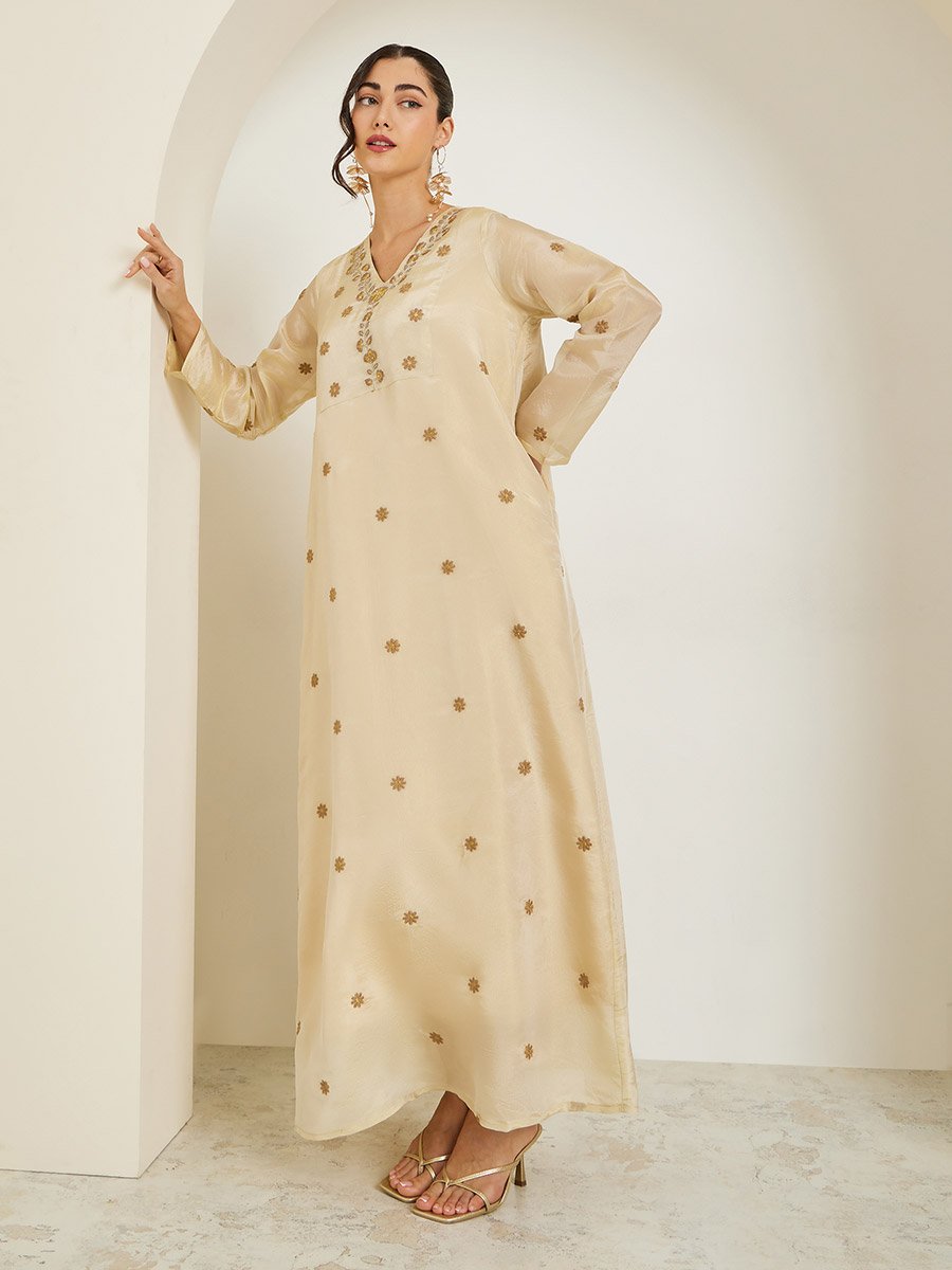 Women Cream Embroidered A-Line Jalabiya