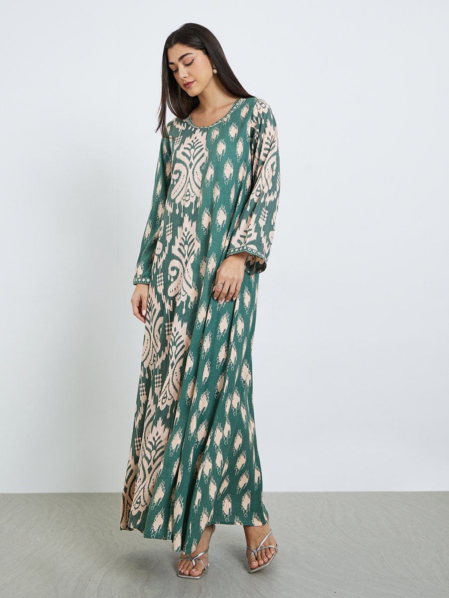 Green All Over Print Round Neck Jalabiya