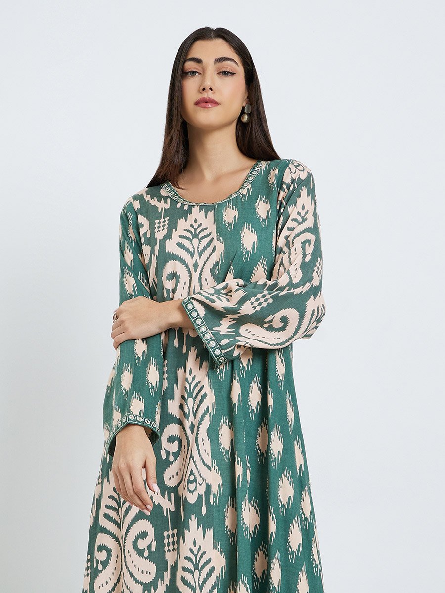 Green All Over Print Round Neck Jalabiya