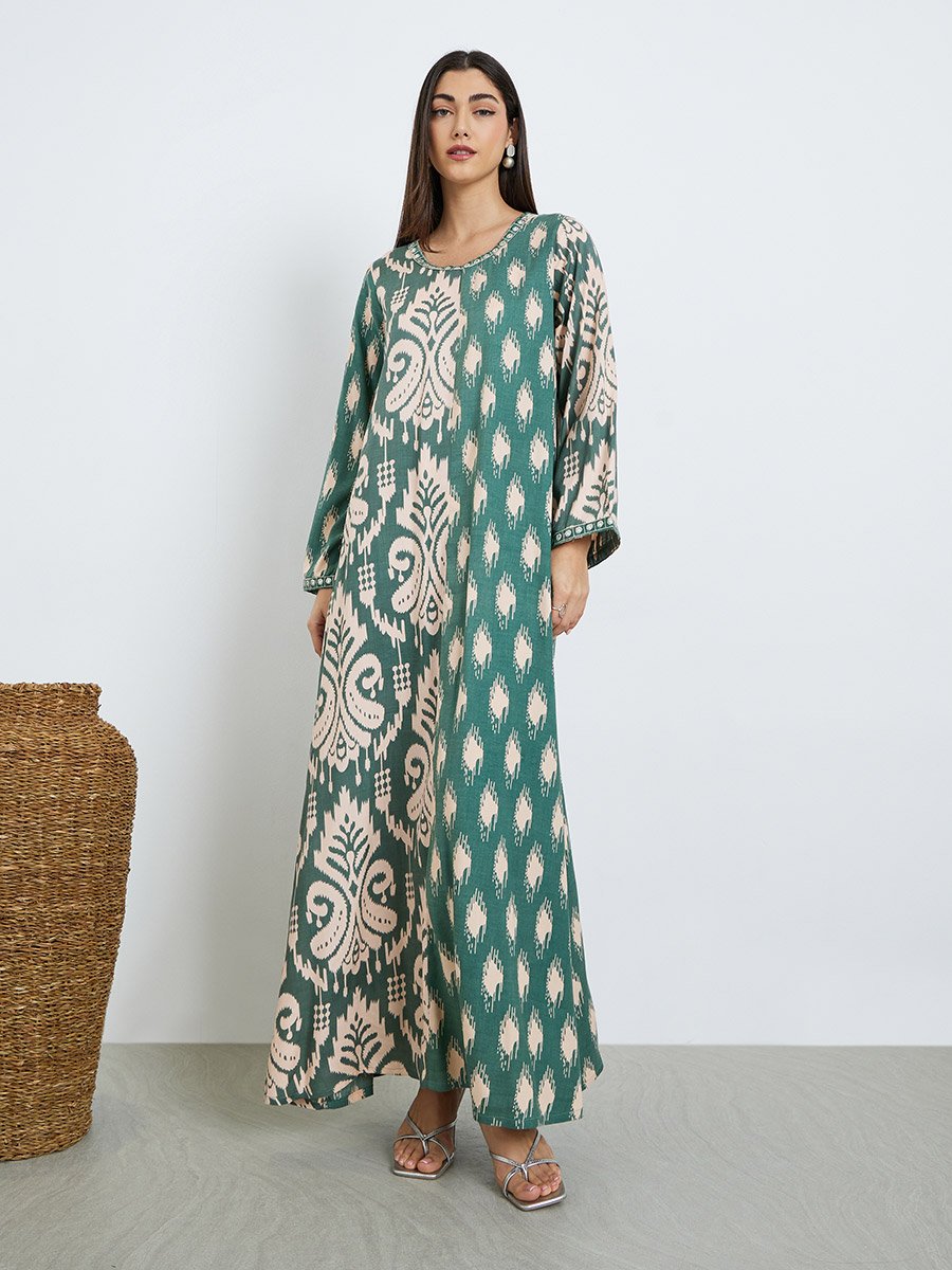 Green All Over Print Round Neck Jalabiya