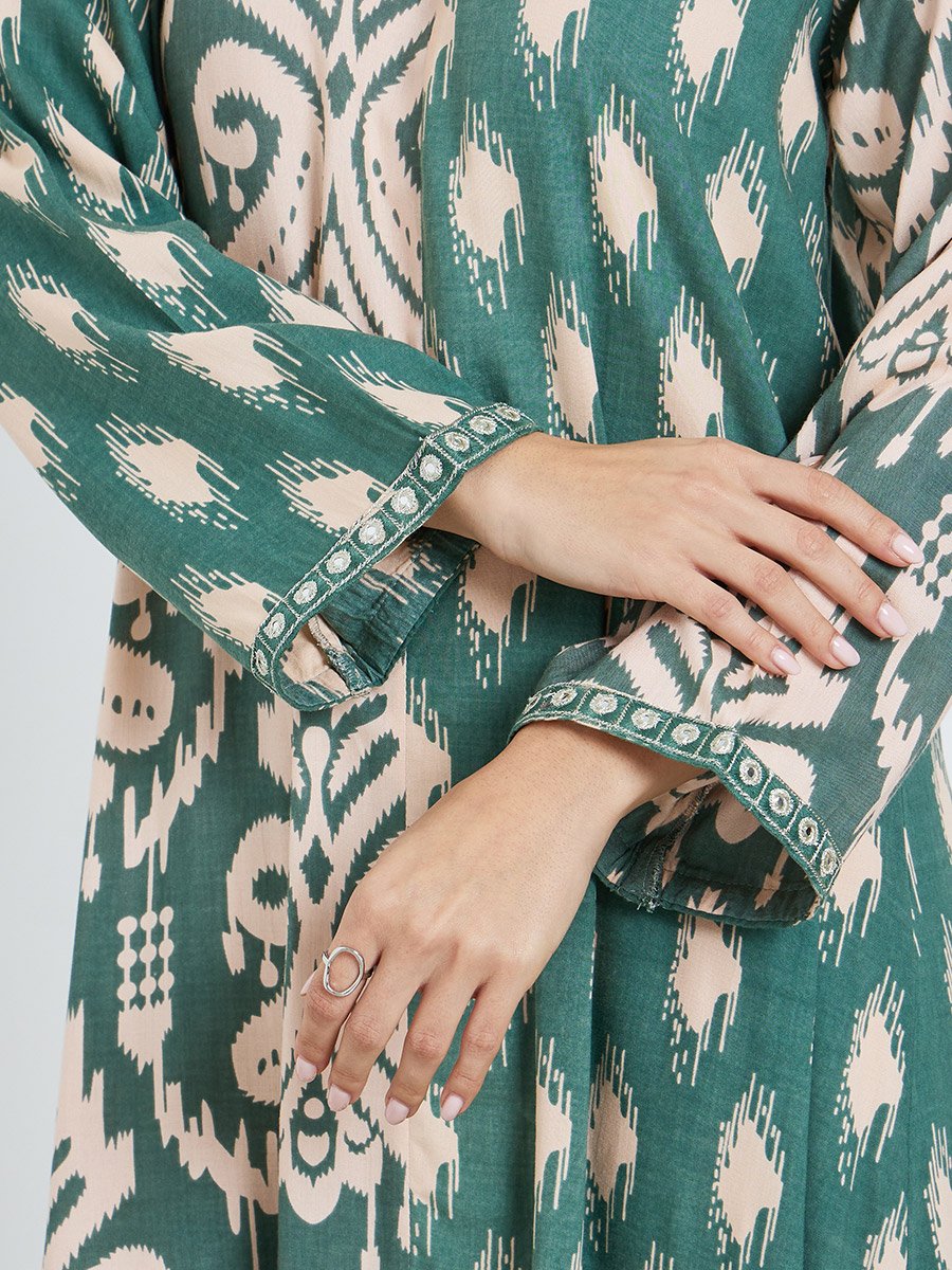 Green All Over Print Round Neck Jalabiya