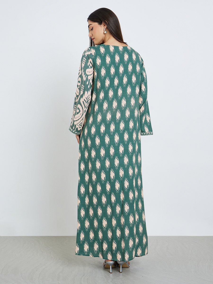Green All Over Print Round Neck Jalabiya