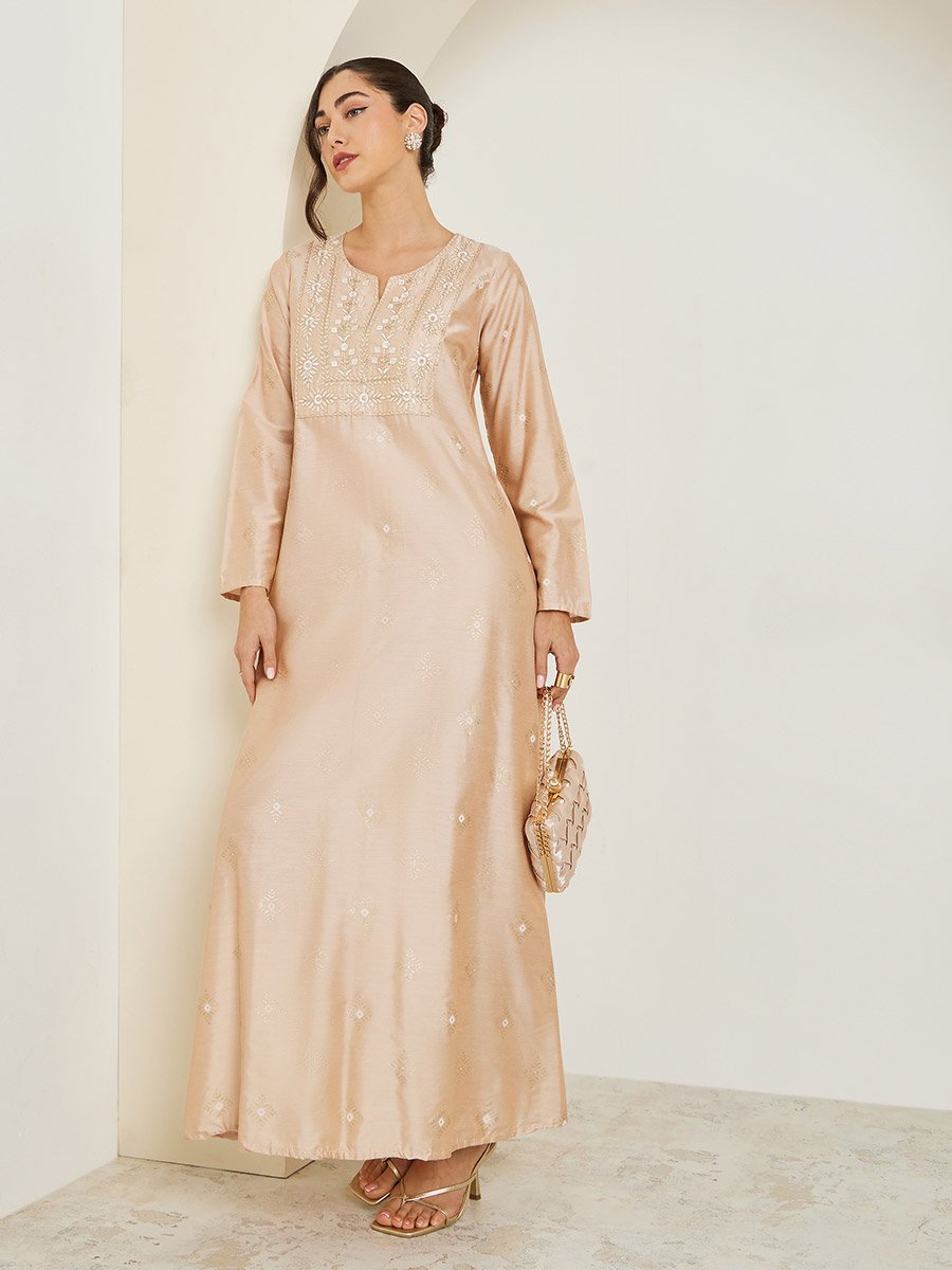 Beige Embroidered A-Line Jalabiya