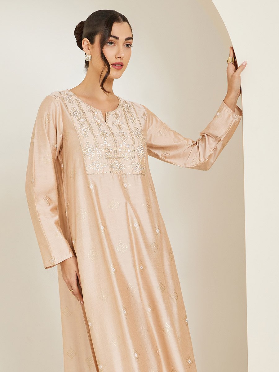 Beige Embroidered A-Line Jalabiya