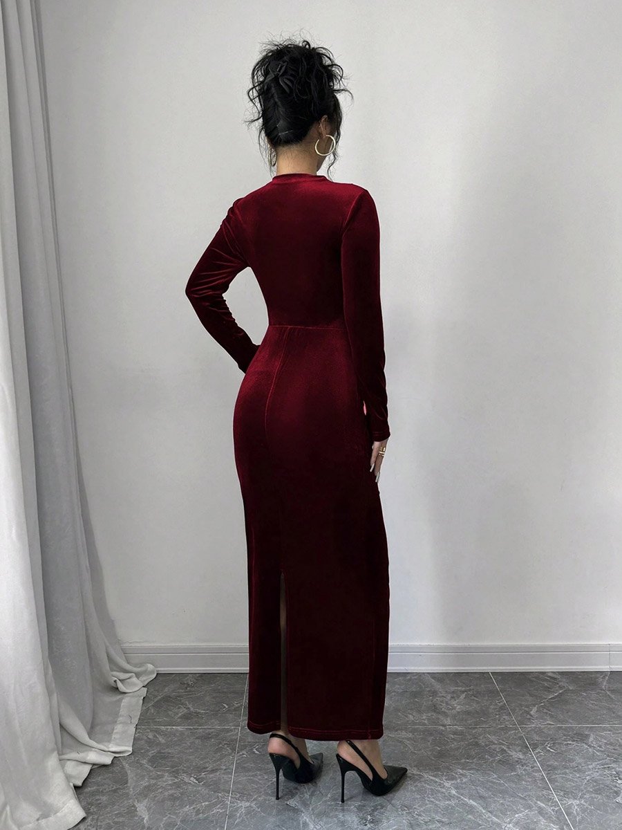 Velvet Look Fitted Waist Long Sleeve Maxi Dress