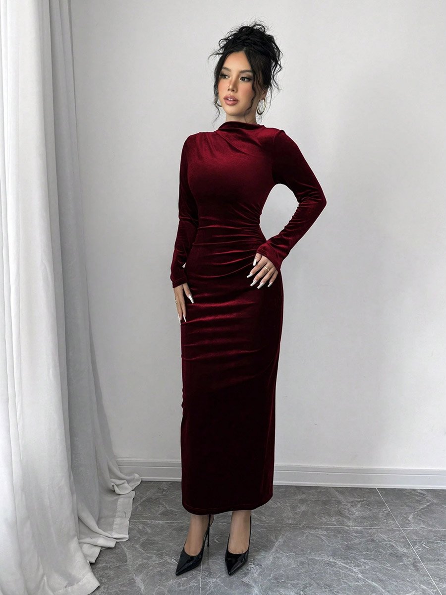 Velvet Look Fitted Waist Long Sleeve Maxi Dress