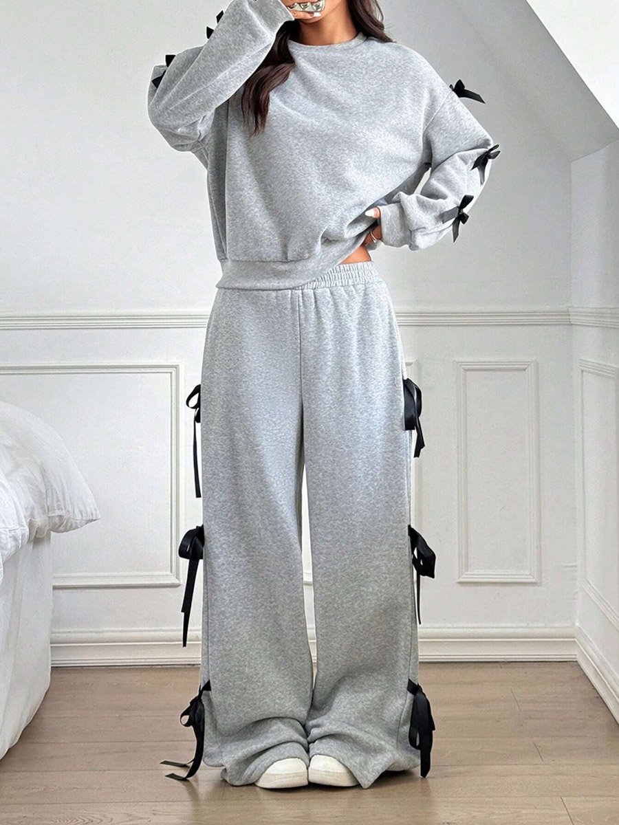 Side Striped Bow Detail Sweatshirt and Wide Pants Co-Ords