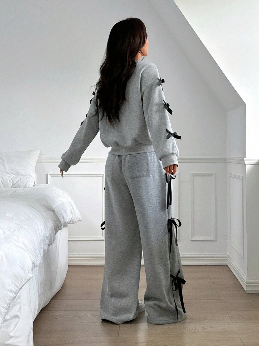 Side Striped Bow Detail Sweatshirt and Wide Pants Co-Ords