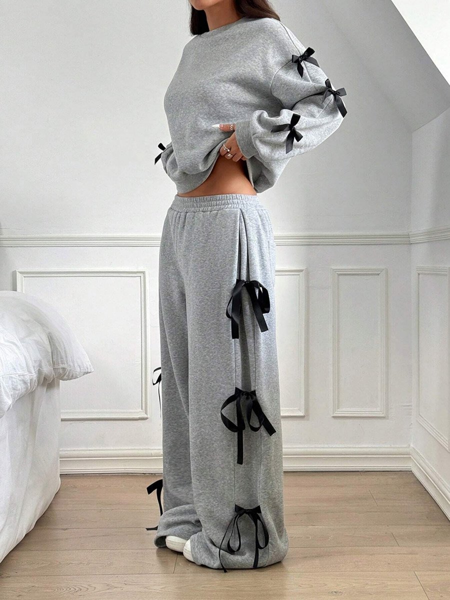 Side Striped Bow Detail Sweatshirt and Wide Pants Co-Ords