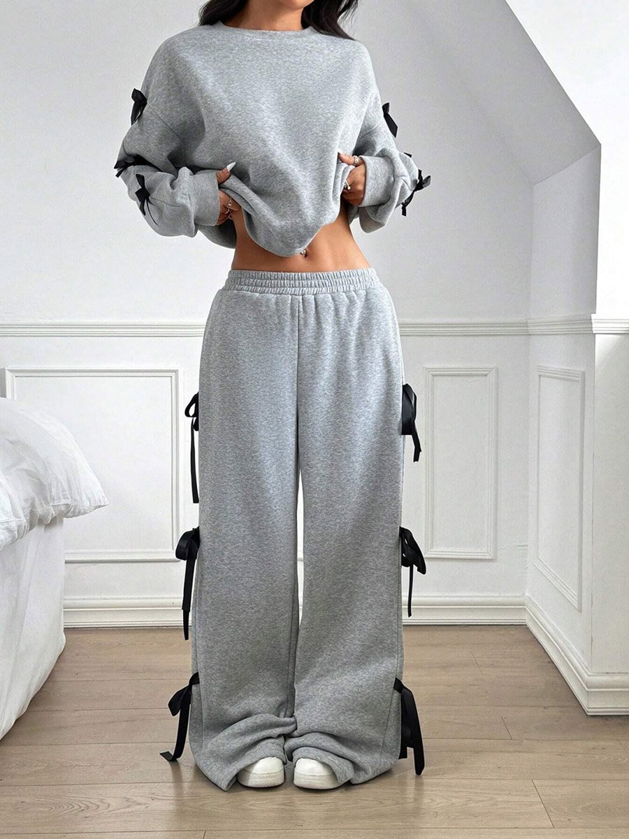 Side Striped Bow Detail Sweatshirt and Wide Pants Co-Ords