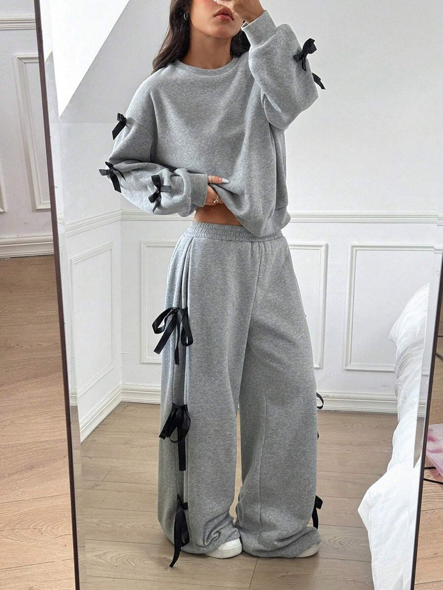 Side Striped Bow Detail Sweatshirt and Wide Pants Co-Ords