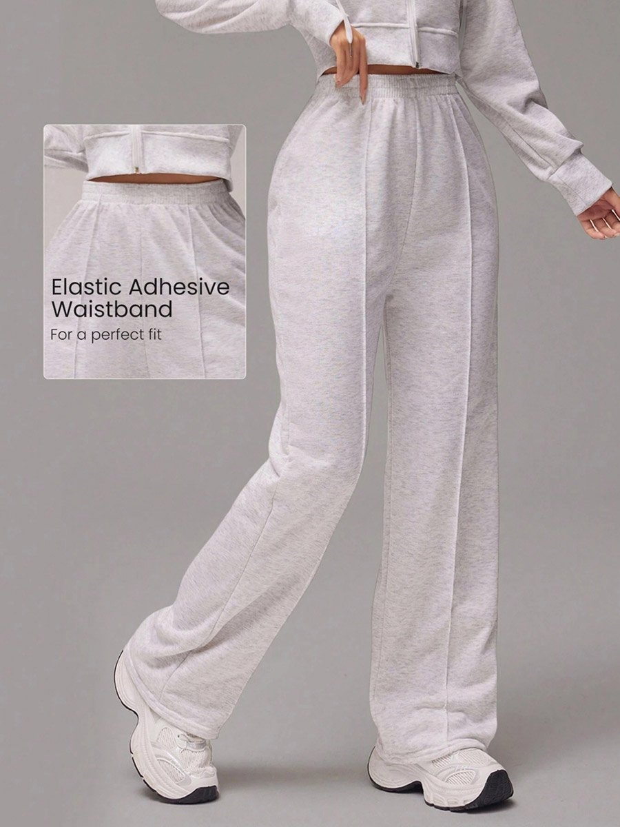 Grey Pipping Detail Elastic Waist Wide Leg Pants