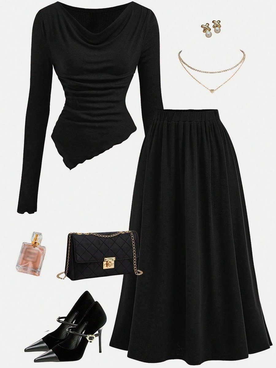 Solid Cowl Neck Top and Elastic Waist Skirt Co-Ords