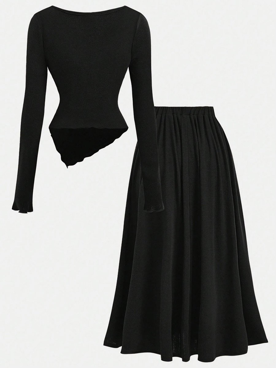 Solid Cowl Neck Top and Elastic Waist Skirt Co-Ords