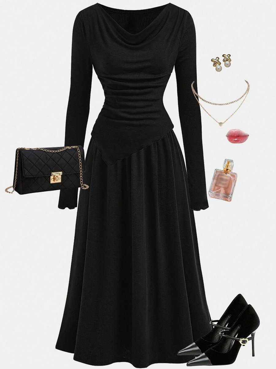 Solid Cowl Neck Top and Elastic Waist Skirt Co-Ords
