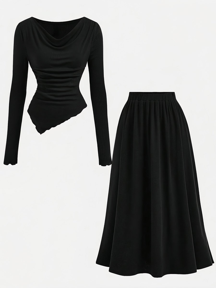 Solid Cowl Neck Top and Elastic Waist Skirt Co-Ords