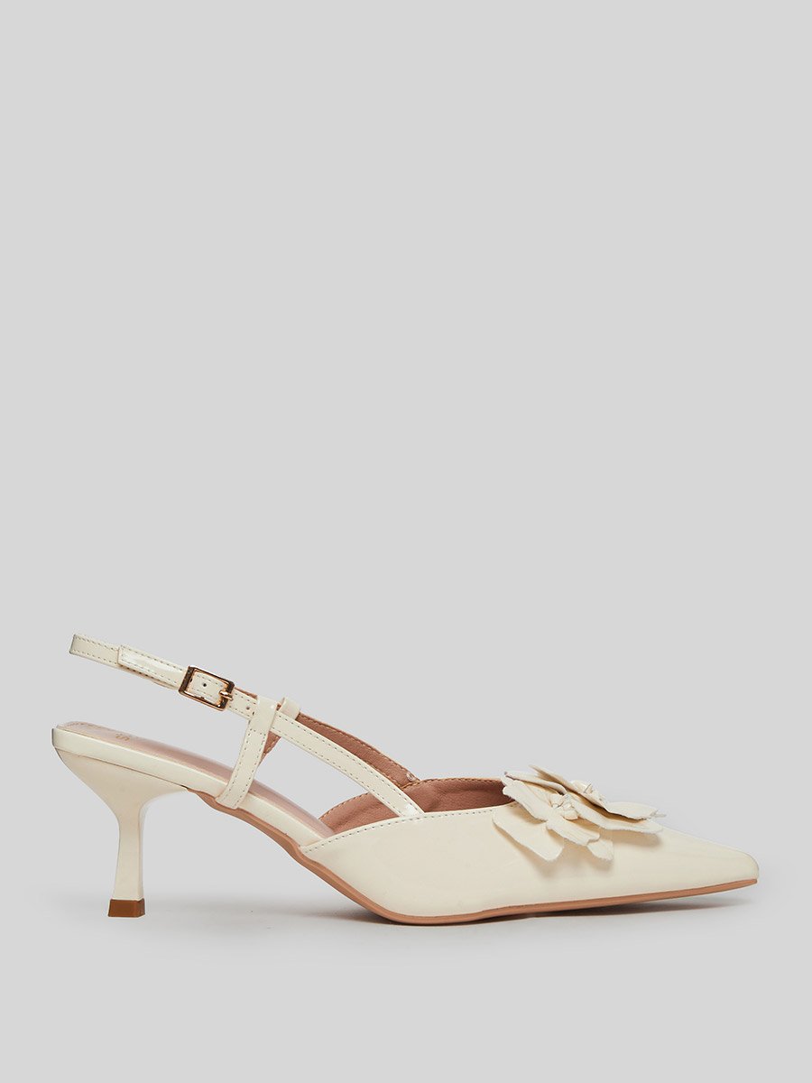 Beige Flower Details Slingback Sandals