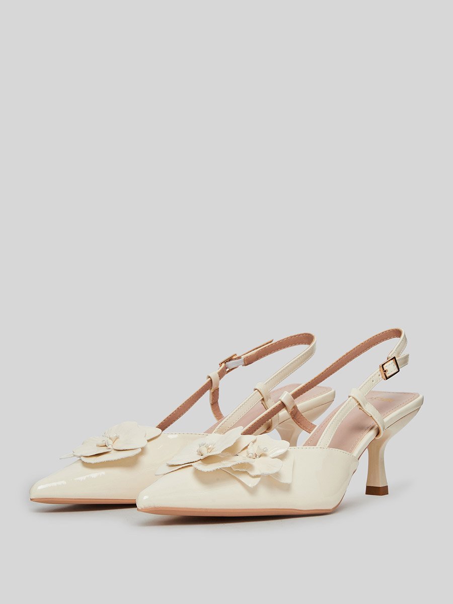 Beige Flower Details Slingback Sandals