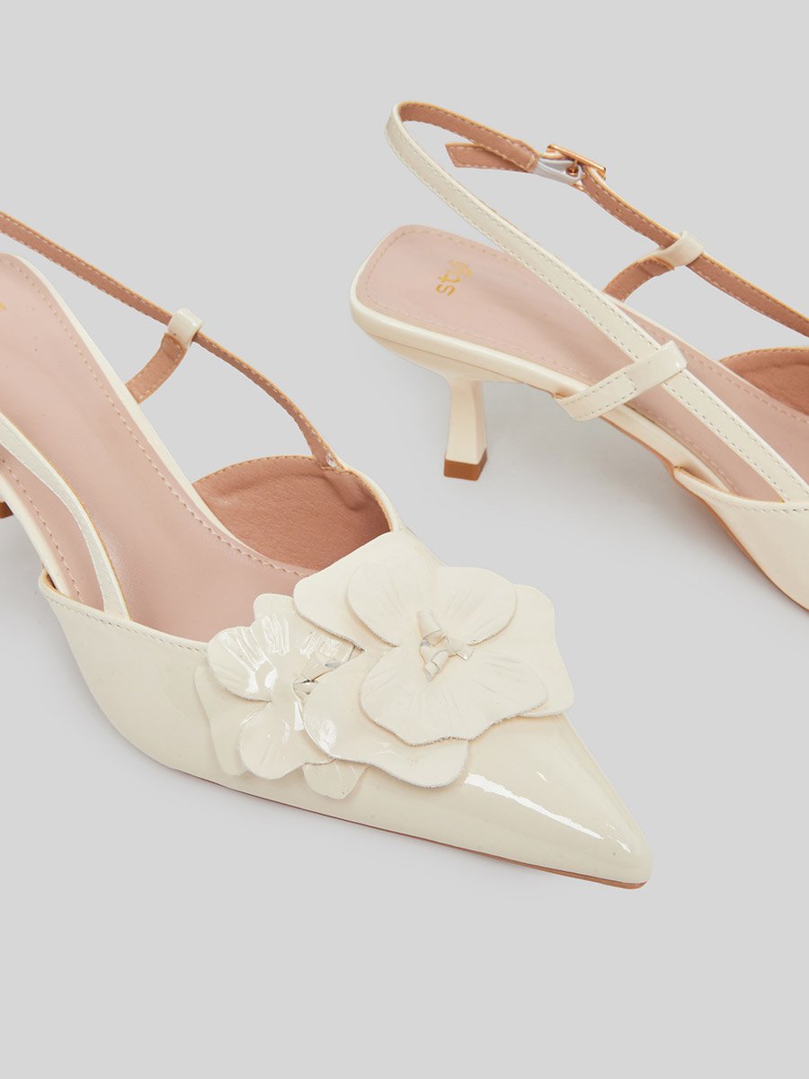 Beige Flower Details Slingback Sandals
