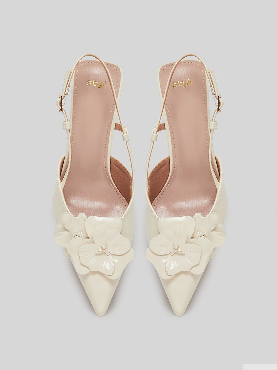 Beige Flower Details Slingback Sandals