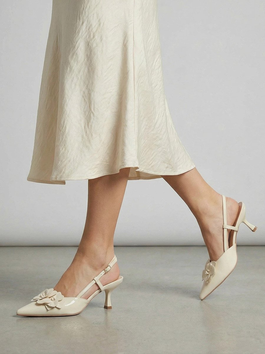 Beige Flower Details Slingback Sandals