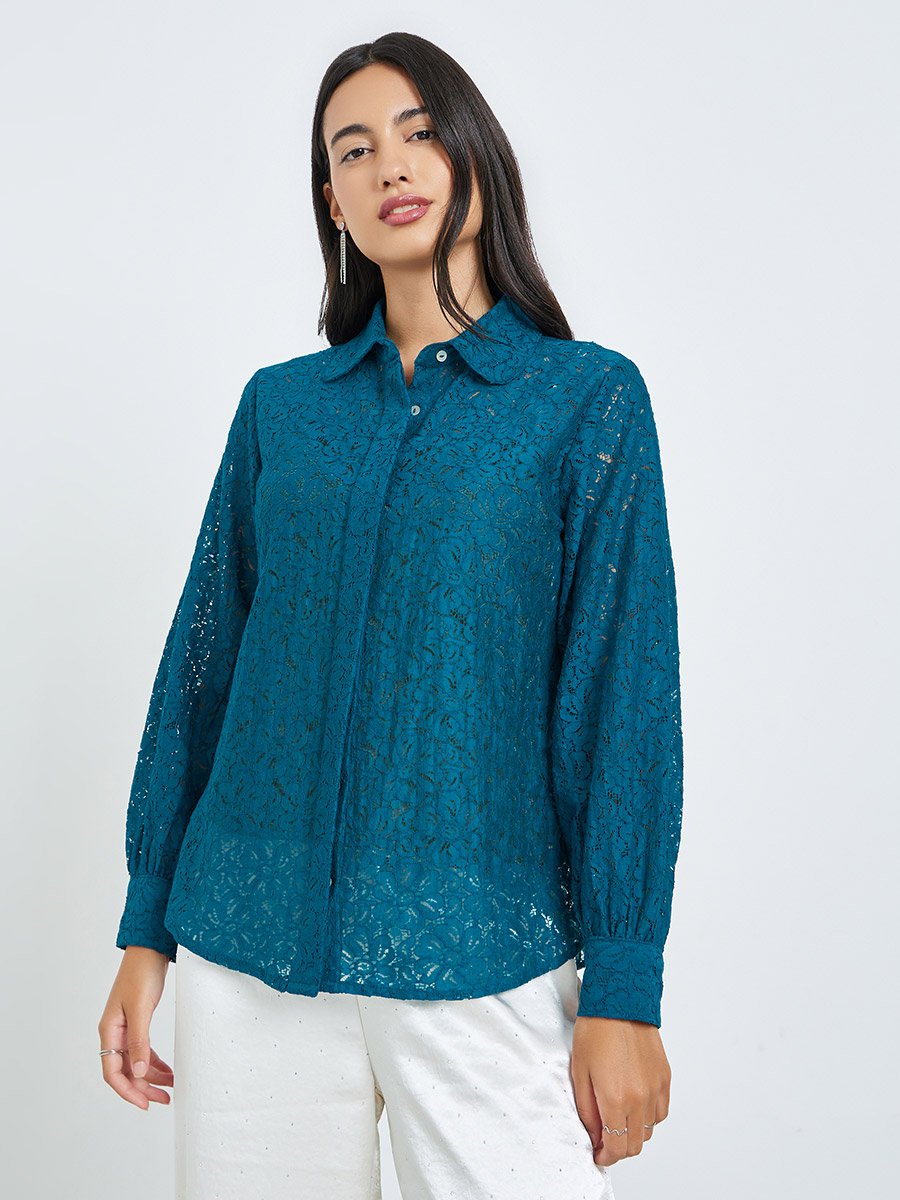 Teal Lace Long Sleeve Shirt