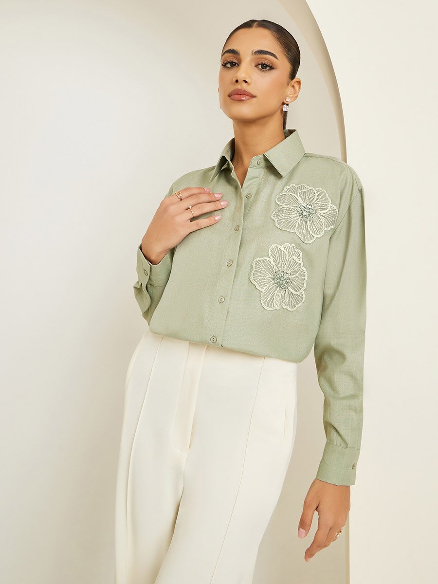 Women Green Floral Embroidered Long Sleeve Shirt