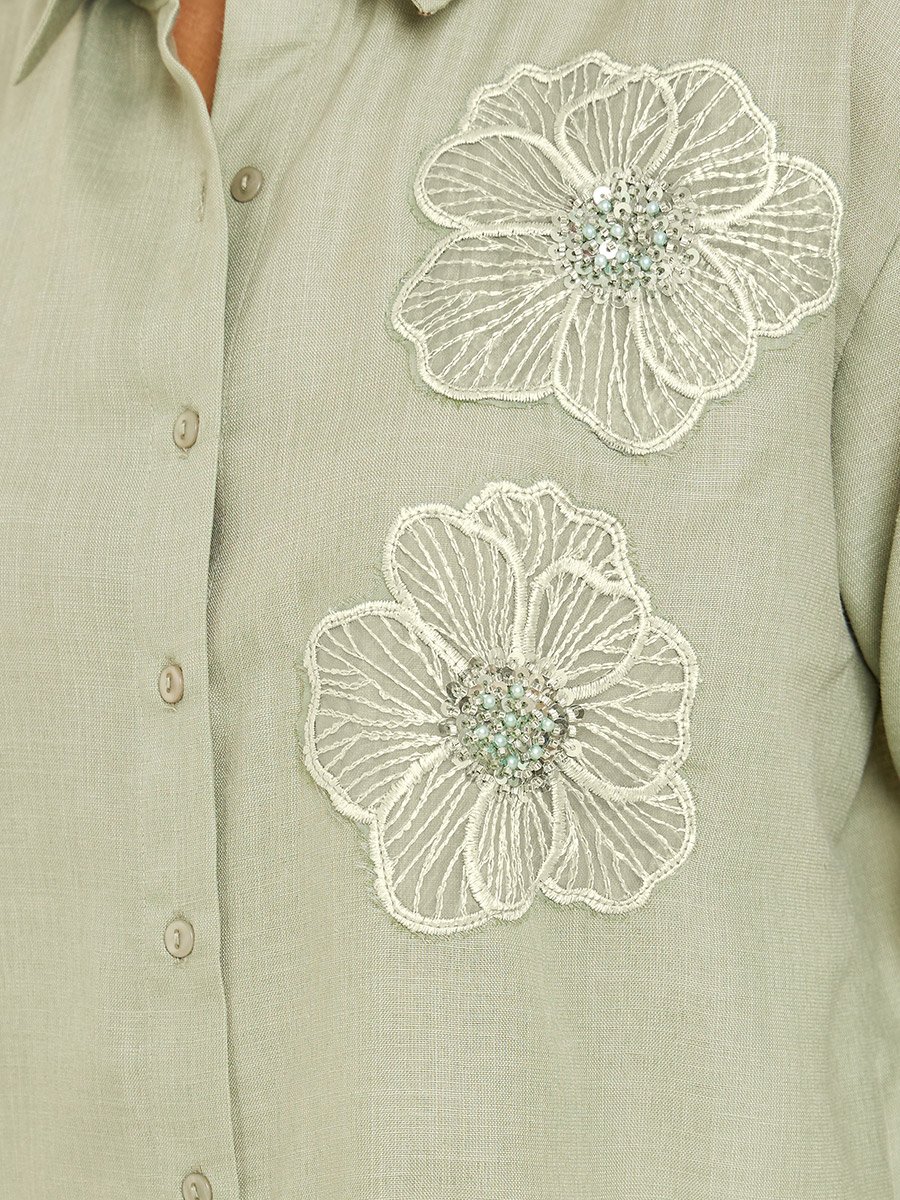 Women Green Floral Embroidered Long Sleeve Shirt