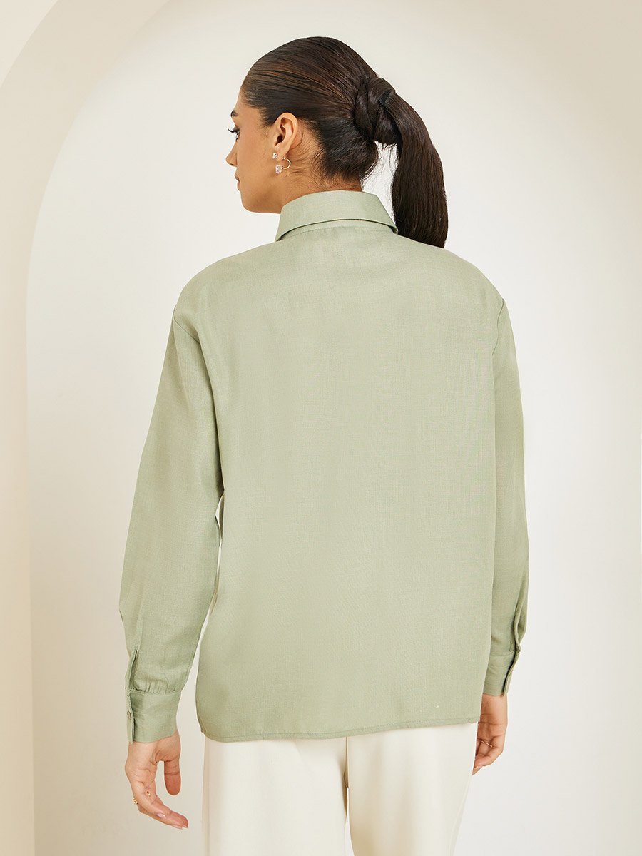Women Green Floral Embroidered Long Sleeve Shirt