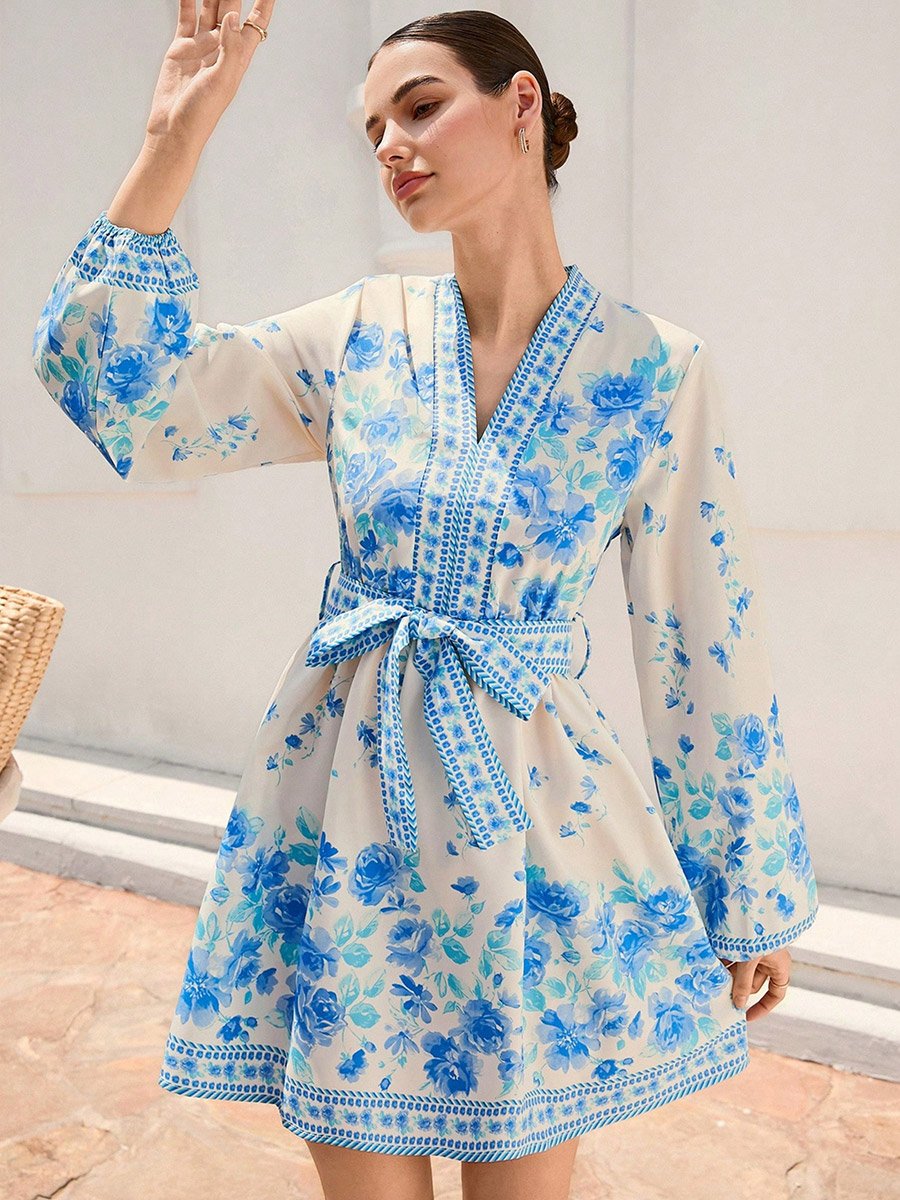 Women Floral Printed Belted Detail Lantern Sleeve Mini Dress