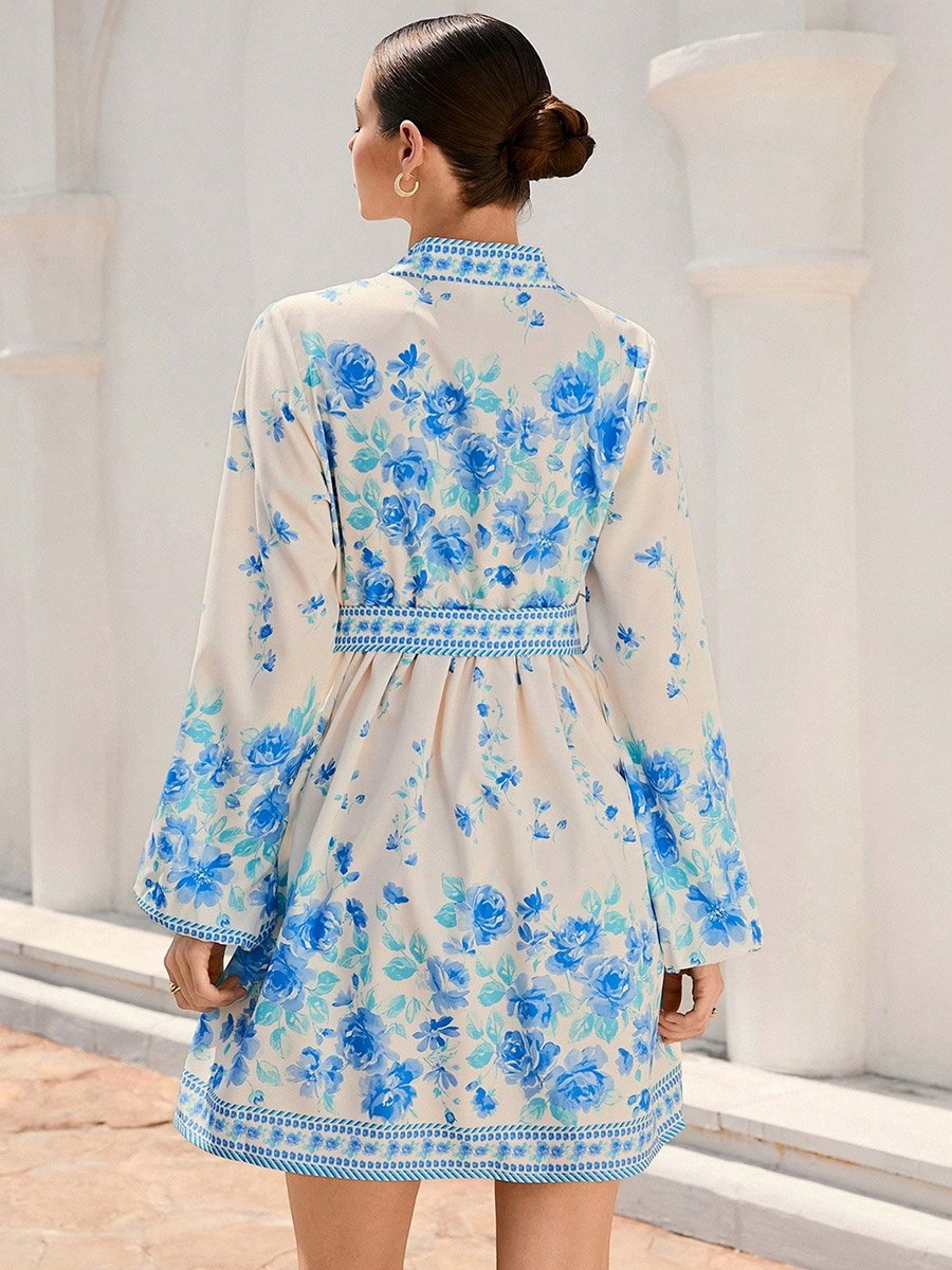 Women Floral Printed Belted Detail Lantern Sleeve Mini Dress