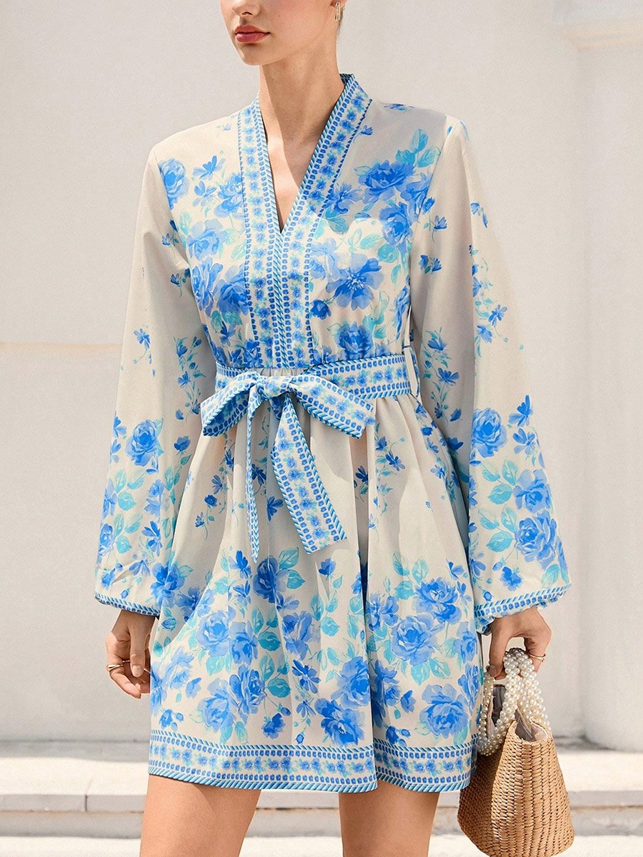 Women Floral Printed Belted Detail Lantern Sleeve Mini Dress
