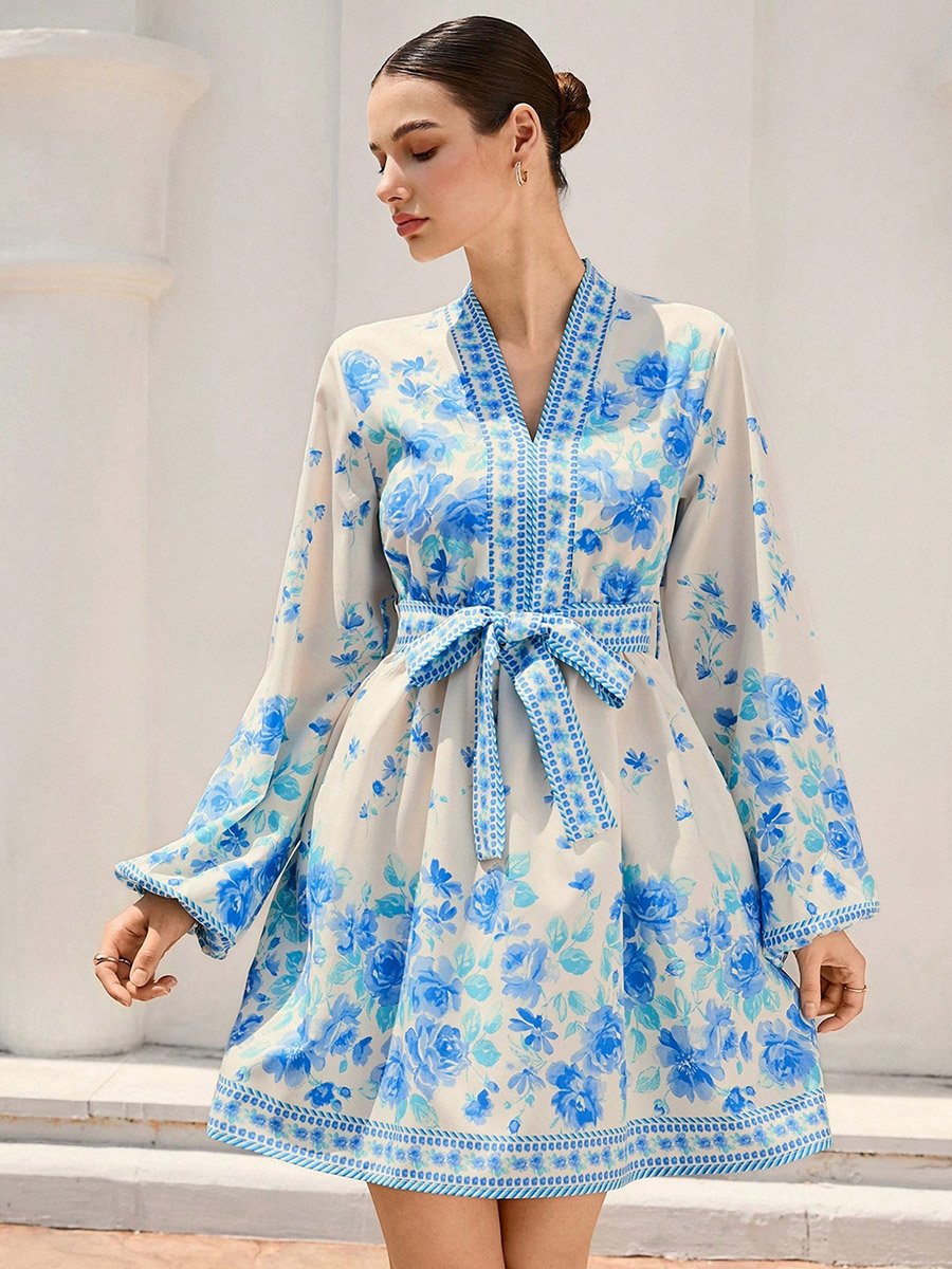 Women Floral Printed Belted Detail Lantern Sleeve Mini Dress
