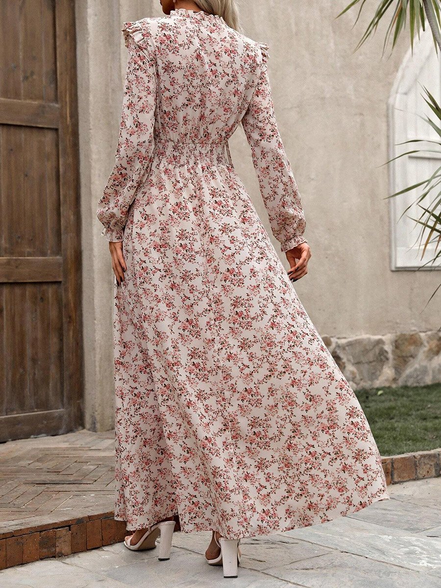 Women Floral Printed Ruffle Detail Maxi Dress