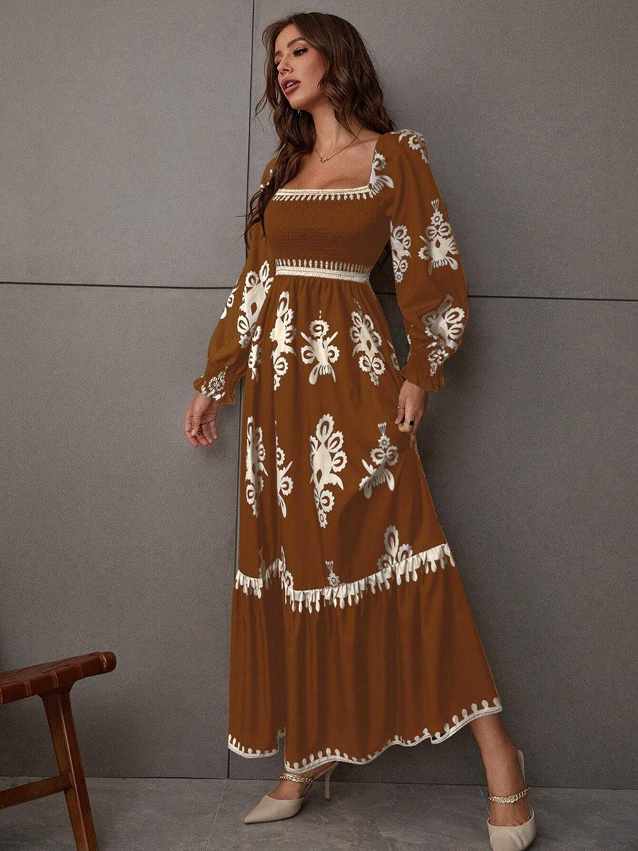 Women Bronze Printed Square Neck Maxi Dress