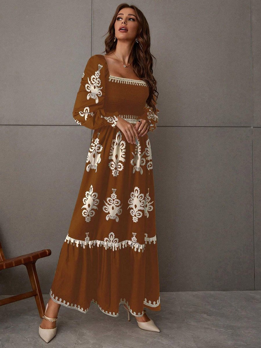 Women Bronze Printed Square Neck Maxi Dress