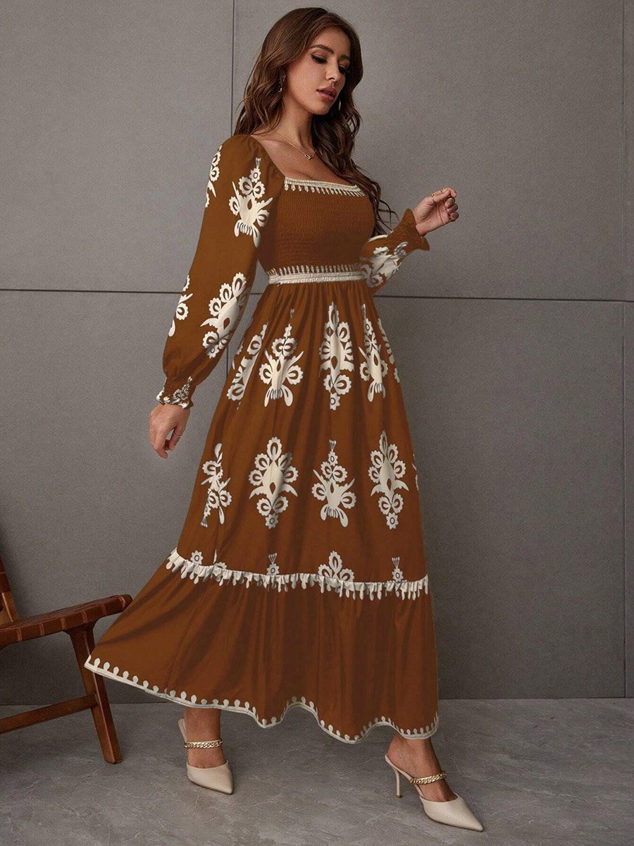 Women Bronze Printed Square Neck Maxi Dress