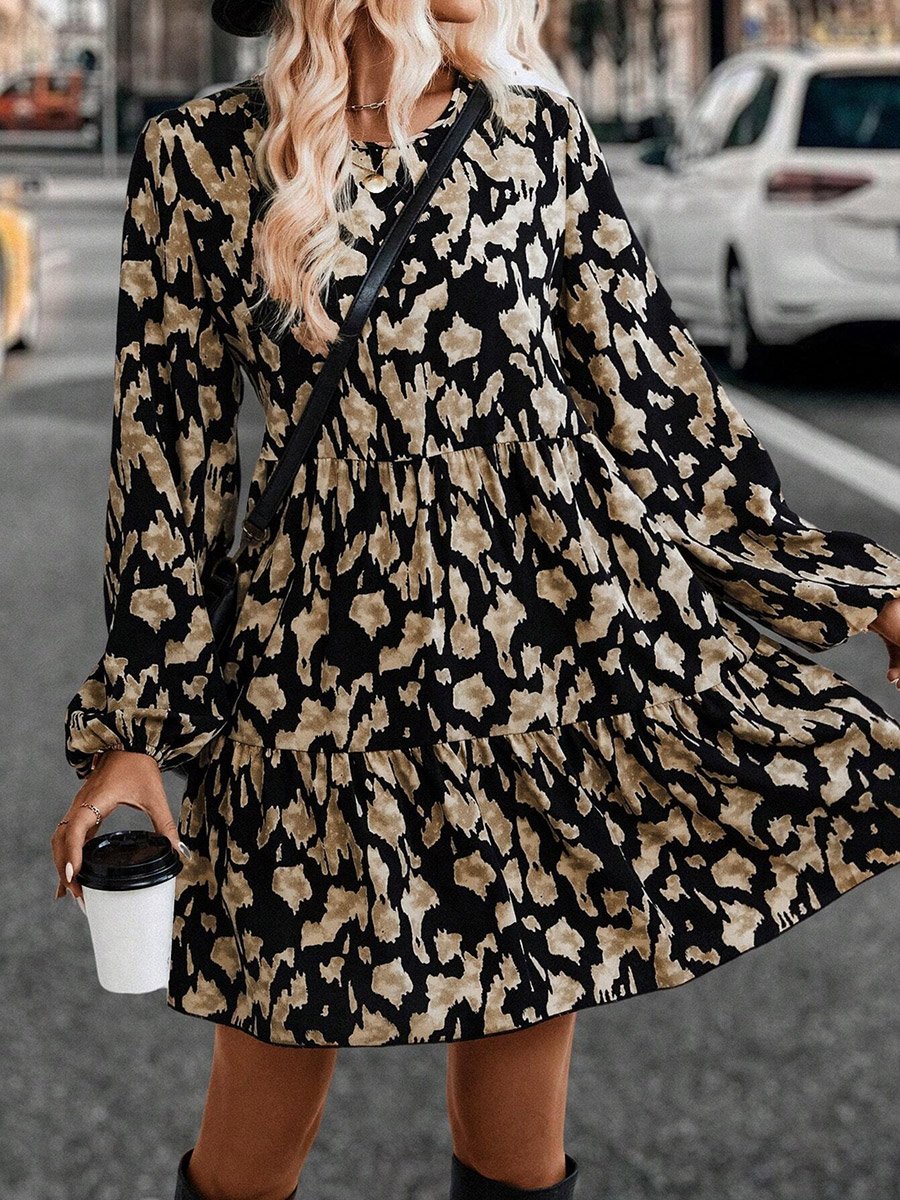 Women All-Over Printed Balloon Sleeve Mini Dress