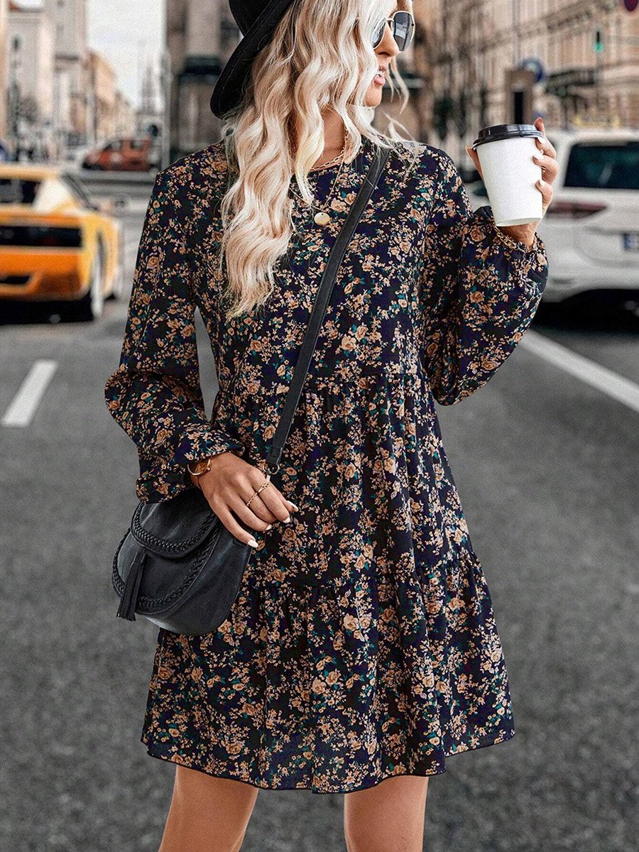 Women All-Over Printed Balloon Sleeve Mini Dress